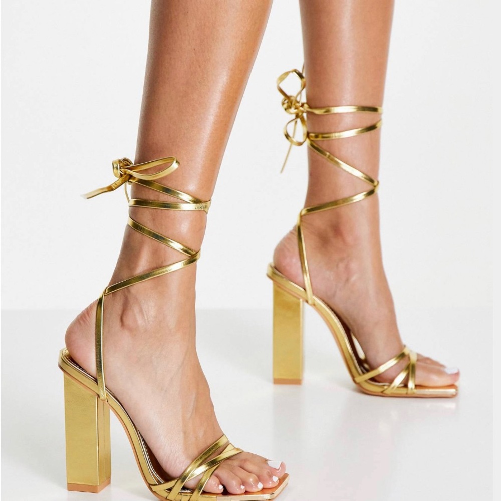 Public Desire gold block heel sandals, sz 8, NWOT